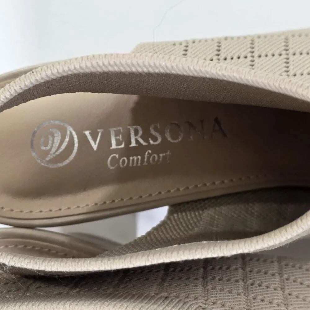 Versona Comfort Nude Knit Block Heel Sandals 7.5 Peep Toe Quiet Luxury...